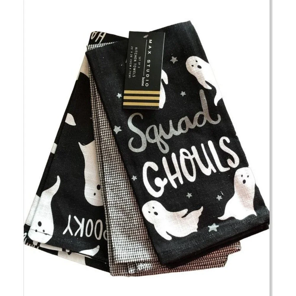 Max Studio Halloween Kitchen Dish Towels Squad Ghouls Black White Ghost Set of 3